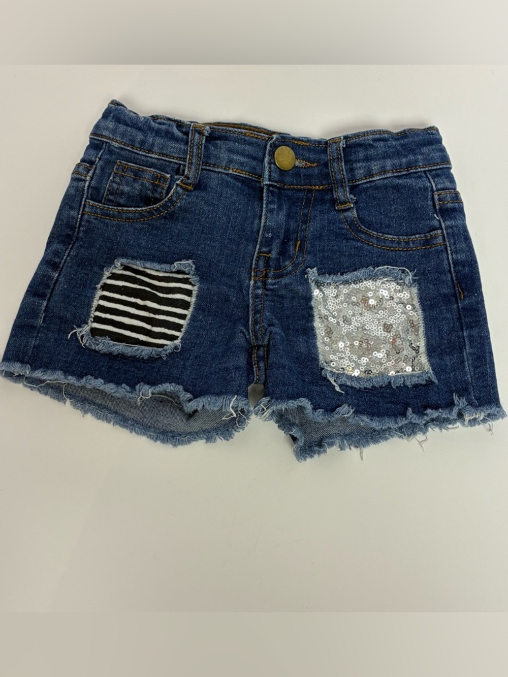 Girls Kids Size Small Jean Shorts Front Patches Striped Sequin